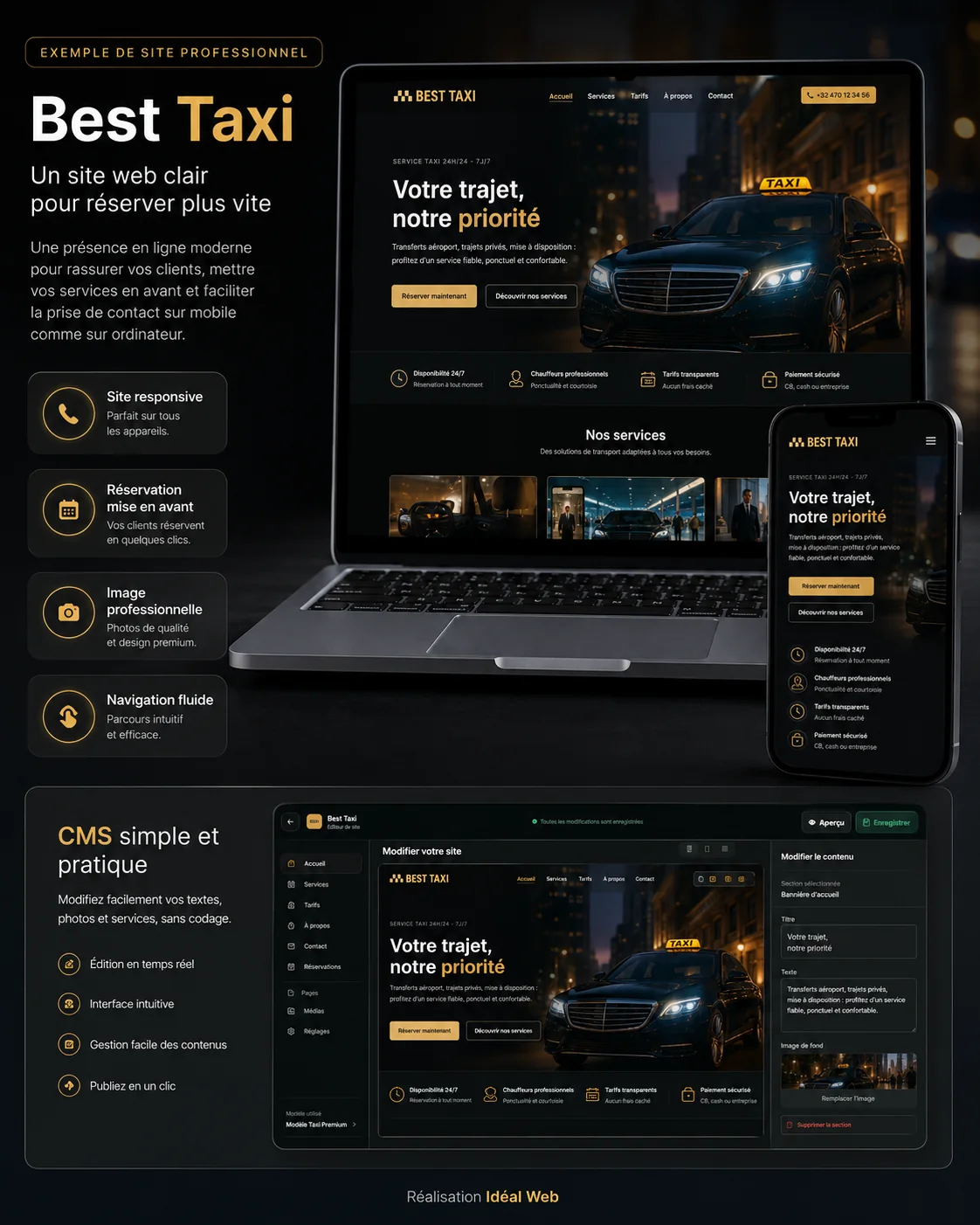 Présentation d’un site professionnel Best Taxi avec version ordinateur, mobile et espace de modification