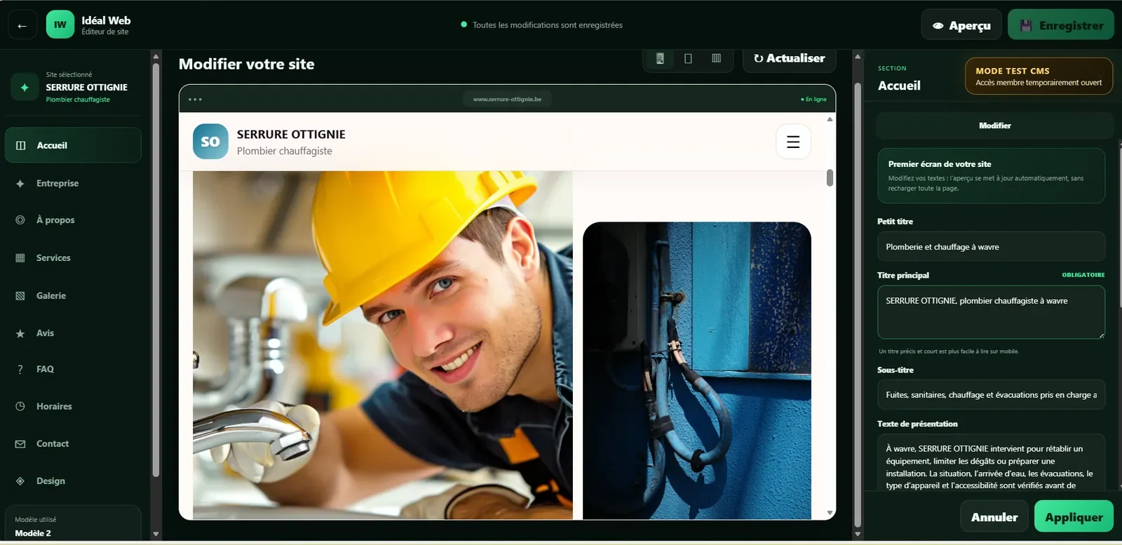 Espace Modifier mon site permettant de changer les textes, images, services et horaires sans coder